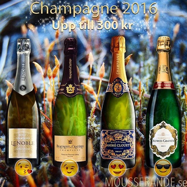 Bästa Champagne upp till 300 kr️
Efter att ha provat igenom över 100 mousserande viner seglade dessa fyra upp som favoriter inom 'champagne upp till 300 kr'.
 Lenoble Cuvée Intense Brut (nr 77256; 299 kr)
 Beaumont des Crayères Fleur de Prestige 2004 Brut (nr 72474; 289 kr)
 André Clouet Grande Réserve (nr 7686; 289 kr)
 Alfred Gratien Brut Classique (nr 79752; 299 kr)
 Jag inser nu att det är en liten orättvis kategori då samtliga utvalda nästintill tangerar maxnivån, men hur som helst är de fantastiska kreationer som bör visas upp!
@validwines @grapevine.se @wineworldsweden