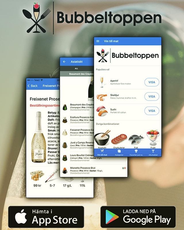 Imponera med bra bubbel i helgen - ladda hem BUBBELTOPPEN!
️ Våra mest prisvärda tips!
️ Matkombinationsförslag!
️ Topplistor!
️ Sockermängd och temperatur!
️ Egna favoritlistor!
️ Nytt bubbel uppdateras automatiskt!