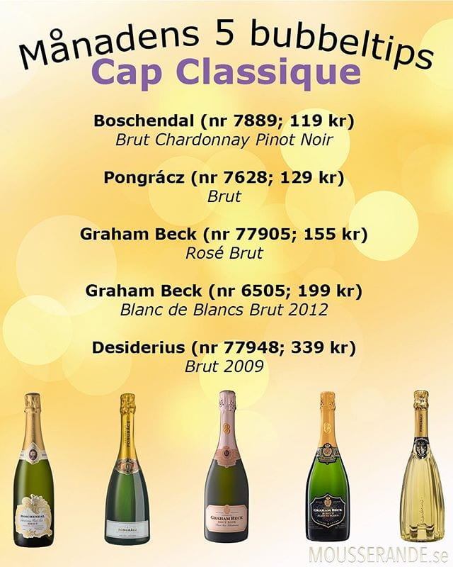 Några av dessa ni känner igen och gillar? Dags för ”Månadens 5 bubbeltips” och denna gång är det Cap Classique som är mousserande från Sydafrika gjorda med Champagnemetoden! Olika kategorier varje gång och alltid fem tips som jag personligen gillar!
@boschendalwines @spendrupsbryggeri @janakewinegroup @pongracz_sa @enjoywineandfriends @grahambeckbubbly @